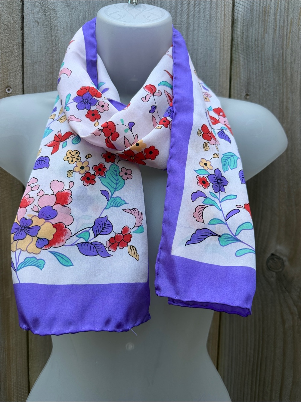 Vintage Vibrant Floral Silk Scarf Purple Border Botanical Print
